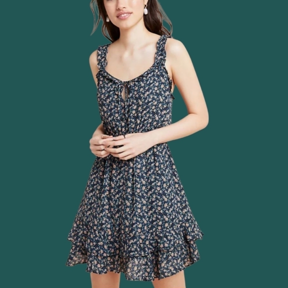 Cupcakes & Cashmere Azura  Floral Ruffle Mini Dress Black & Peach Xsmall